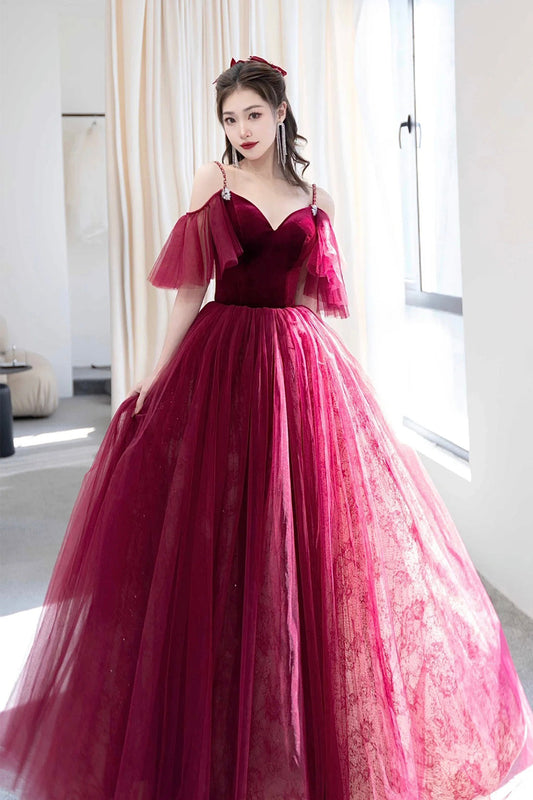Burgundy V-Neck Velvet and Tulle Long Prom Dress, A-Line Spaghetti Strap Formal Evening Dress