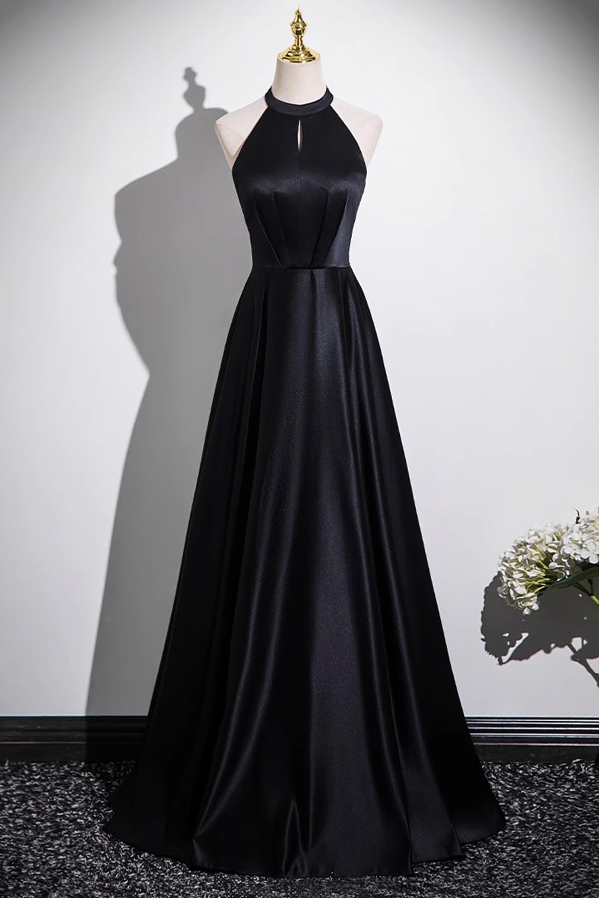 Black Satin Long Prom Dress, Black A-Line Evening Party Dress
