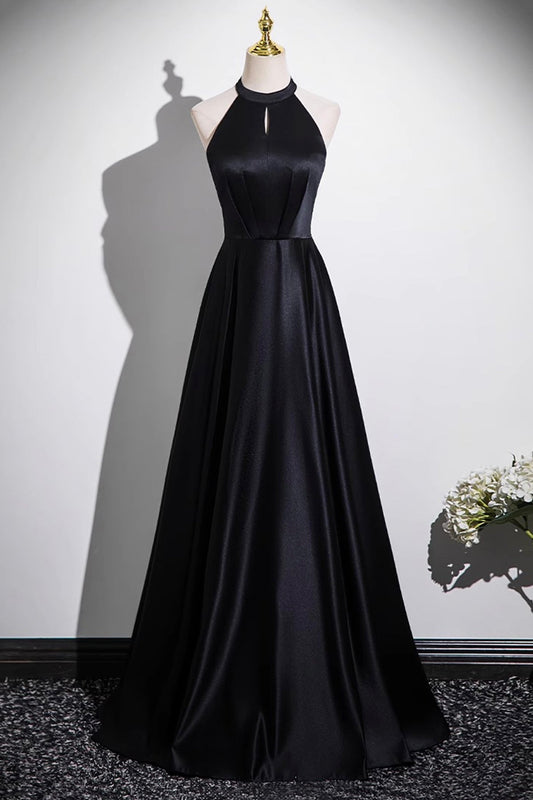 Black Satin Long Prom Dress, Black A-Line Evening Party Dress