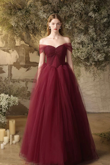 Burgundy Tulle Floor Length Prom Dress, Beautiful Off the Shoulder Evening Party Dress