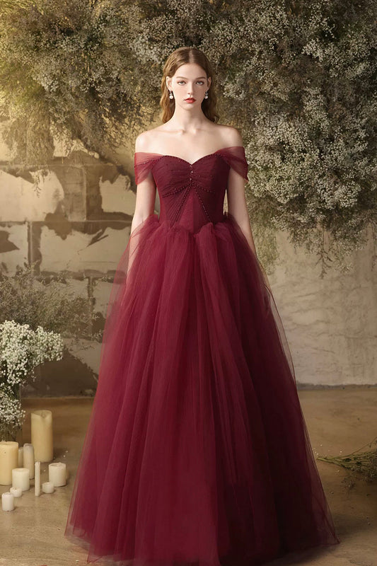 Burgundy Tulle Floor Length Prom Dress, Beautiful Off the Shoulder Evening Party Dress