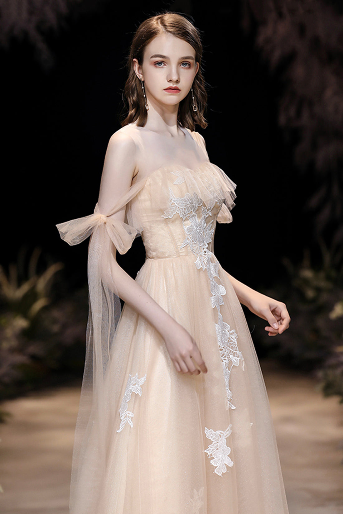 Champagne Tulle Lace Long Prom Dress, Cute A-Line Evening Dress