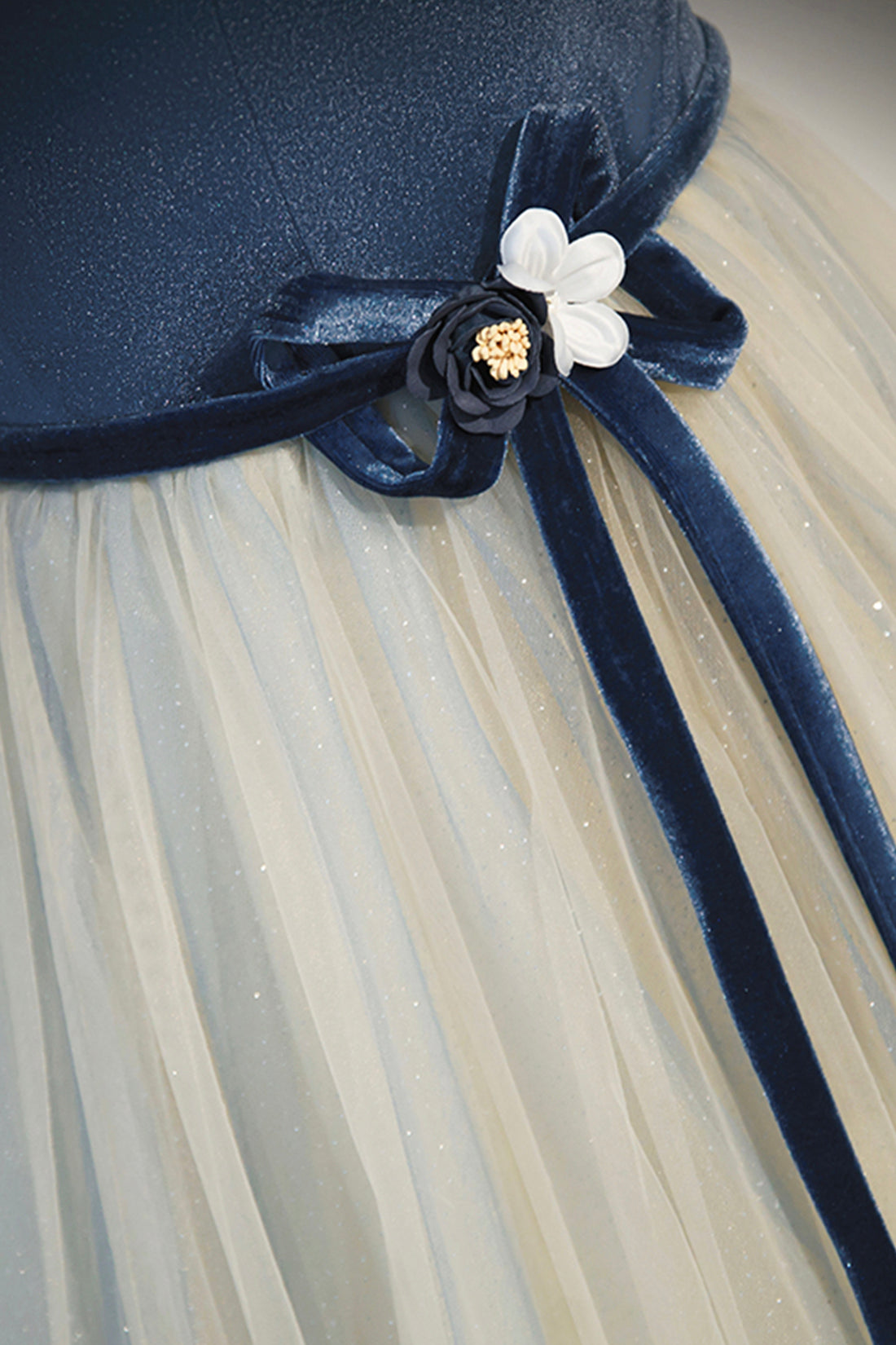 Blue Beading Appliques V-Neck Floor Length Prom Dress, Off the Shoulder Princess A-Line Formal Dress