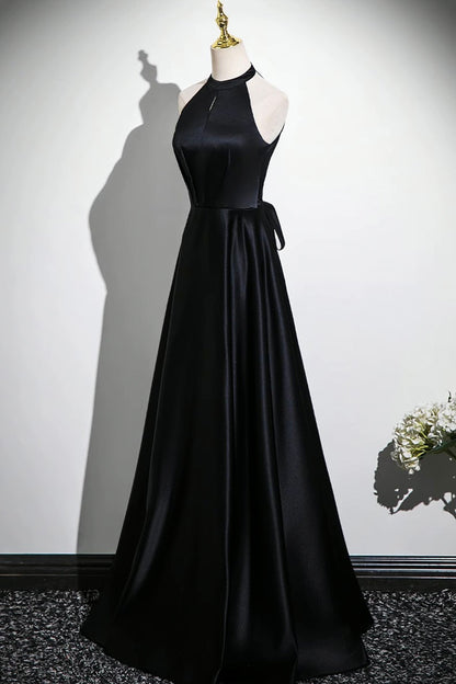 Black Satin Long Prom Dress, Black A-Line Evening Party Dress