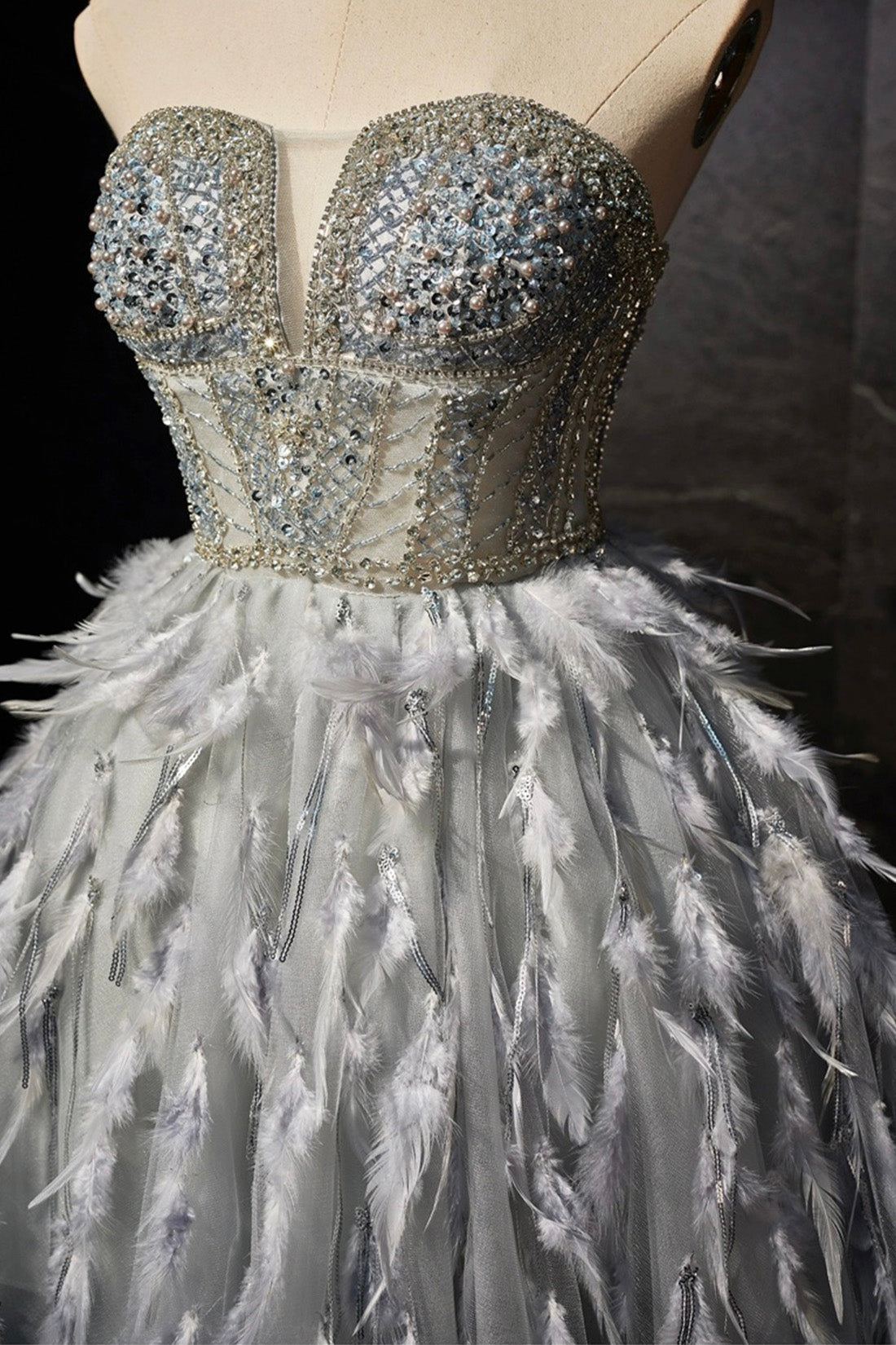 Gray Feather Short Party Dress, Lovely Handmade Beading Pearl Sequins Evening Dress