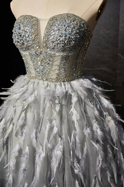 Gray Feather Short Party Dress, Lovely Handmade Beading Pearl Sequins Evening Dress