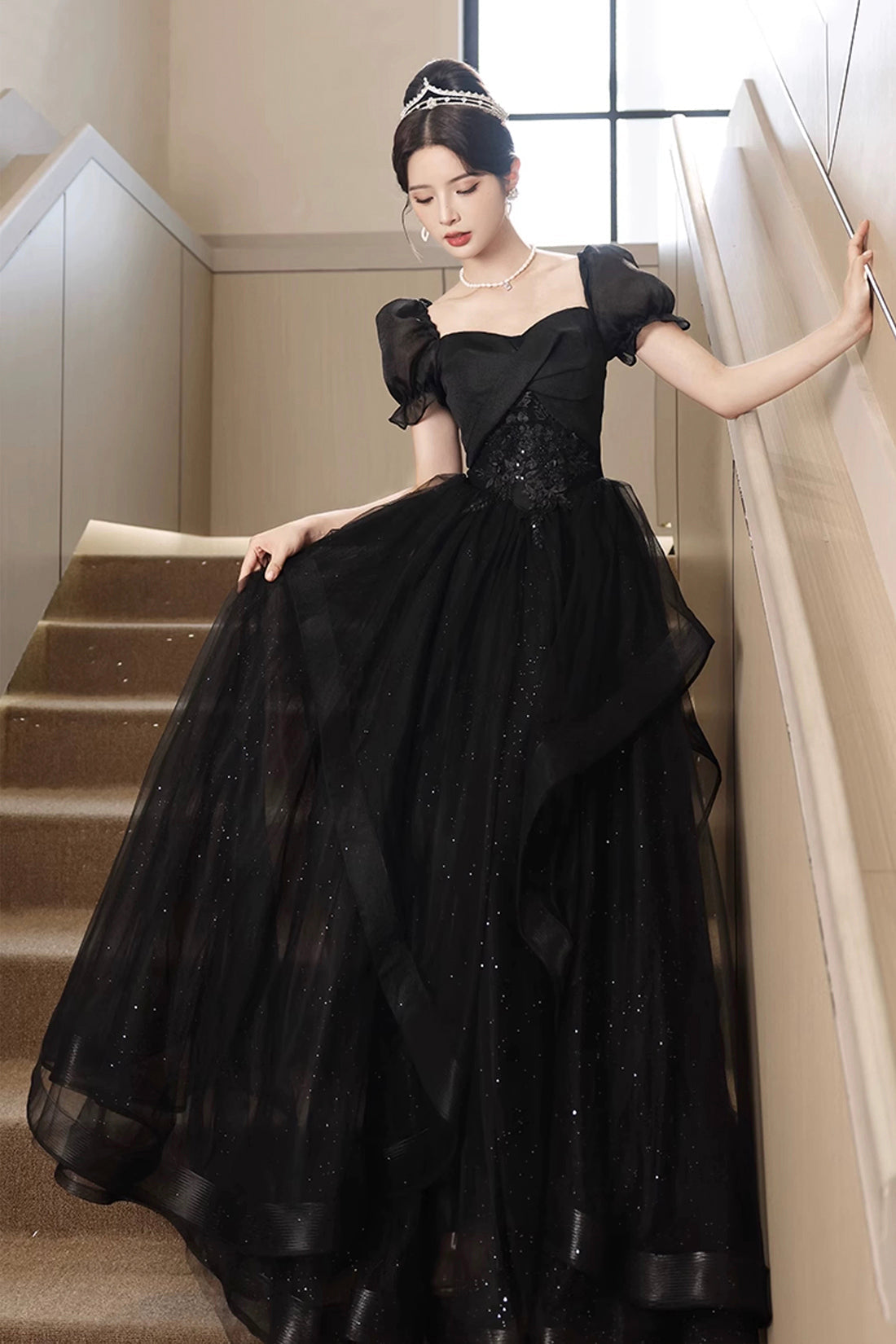 Black Tulle Lace Short Sleeve Floor Length Prom Dress, Black A-Line Evening Party Dress