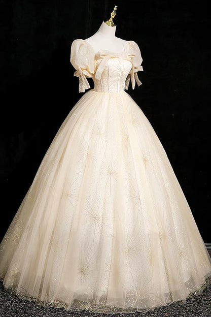 Champagne Tulle Short Sleeve Floor Length Prom Dress, Beautiful A-Line Evening Party Dress