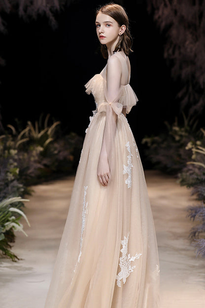 Champagne Tulle Lace Long Prom Dress, Cute A-Line Evening Dress