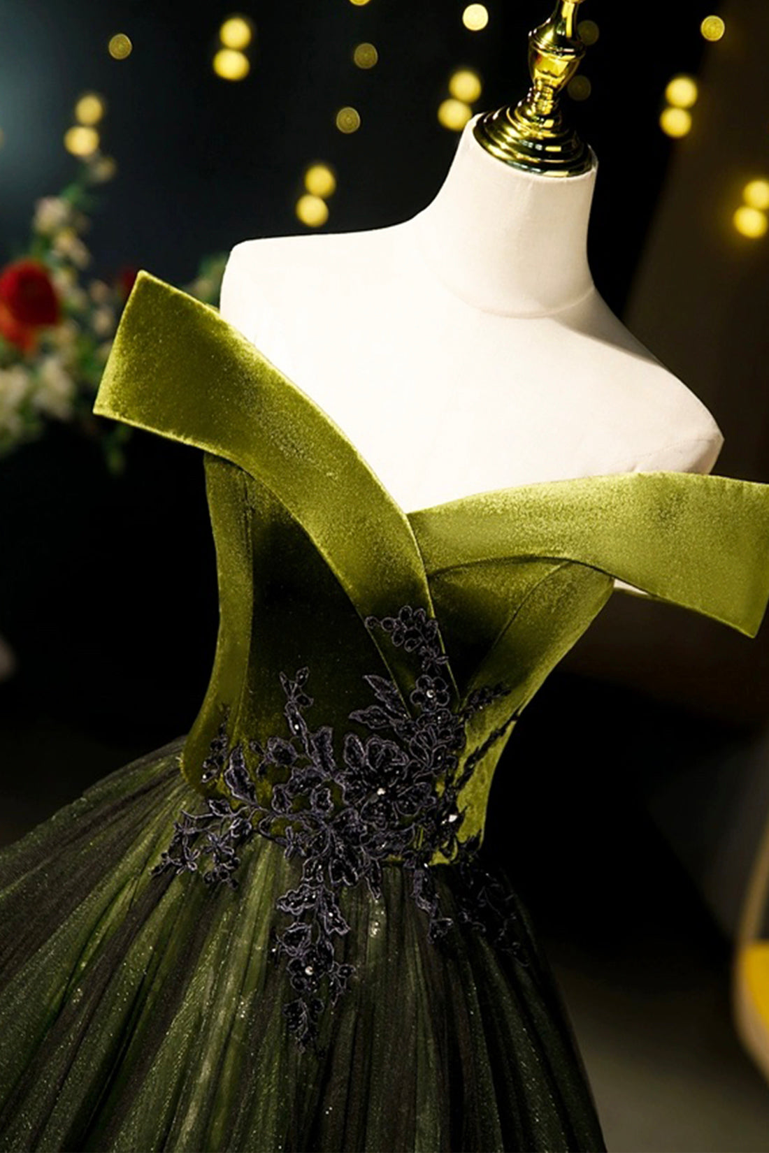 Green Velvet and Tulle Floor Length Prom Dress, Off the Shoulder Evening Party Dress