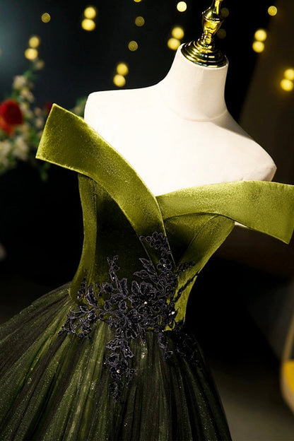 Green Velvet and Tulle Floor Length Prom Dress, Off the Shoulder Evening Party Dress