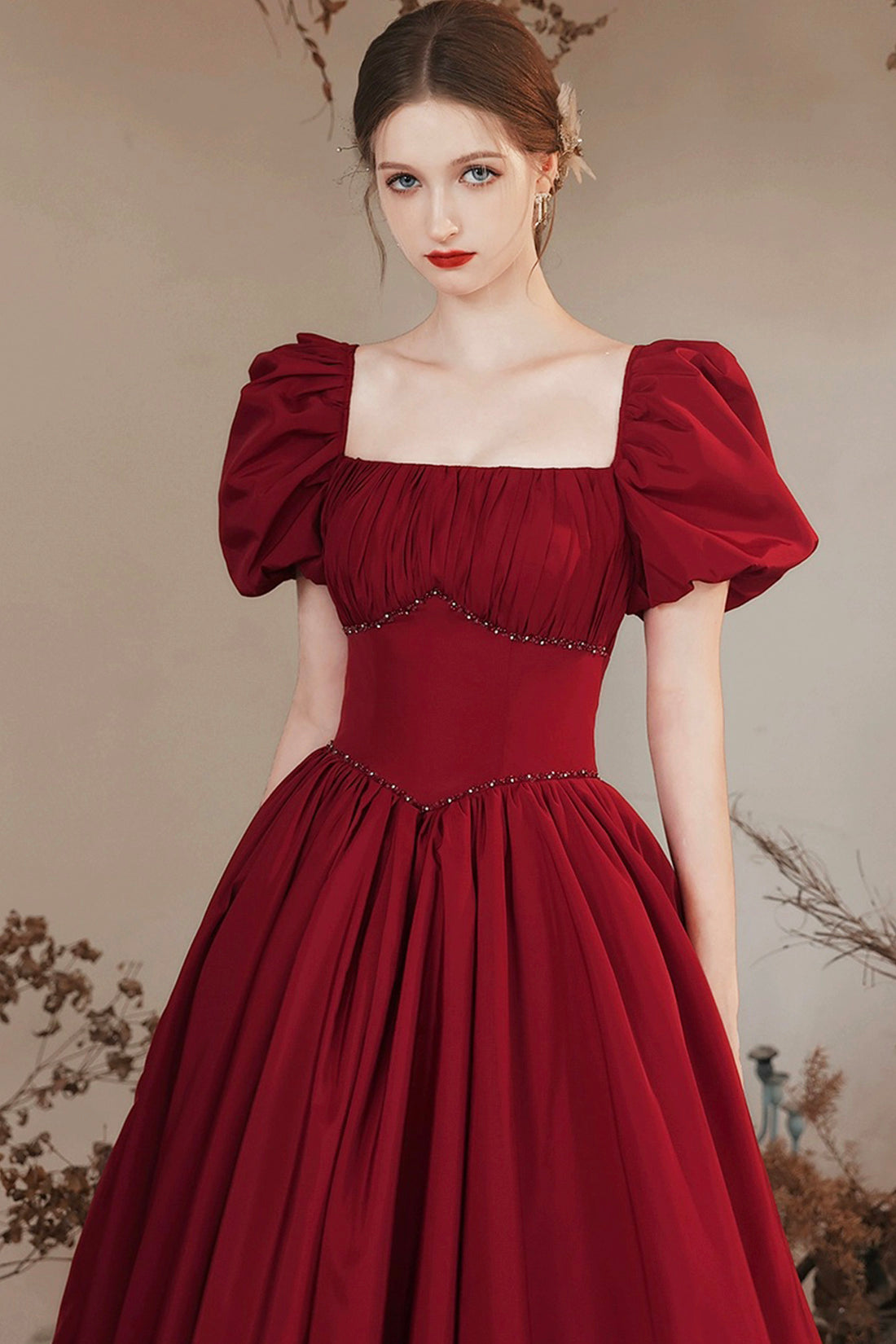 Burgundy Satin Long Prom Dress, Beautiful A-Line Short Sleeve Evening Dress