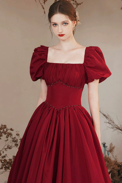 Burgundy Satin Long Prom Dress, Beautiful A-Line Short Sleeve Evening Dress