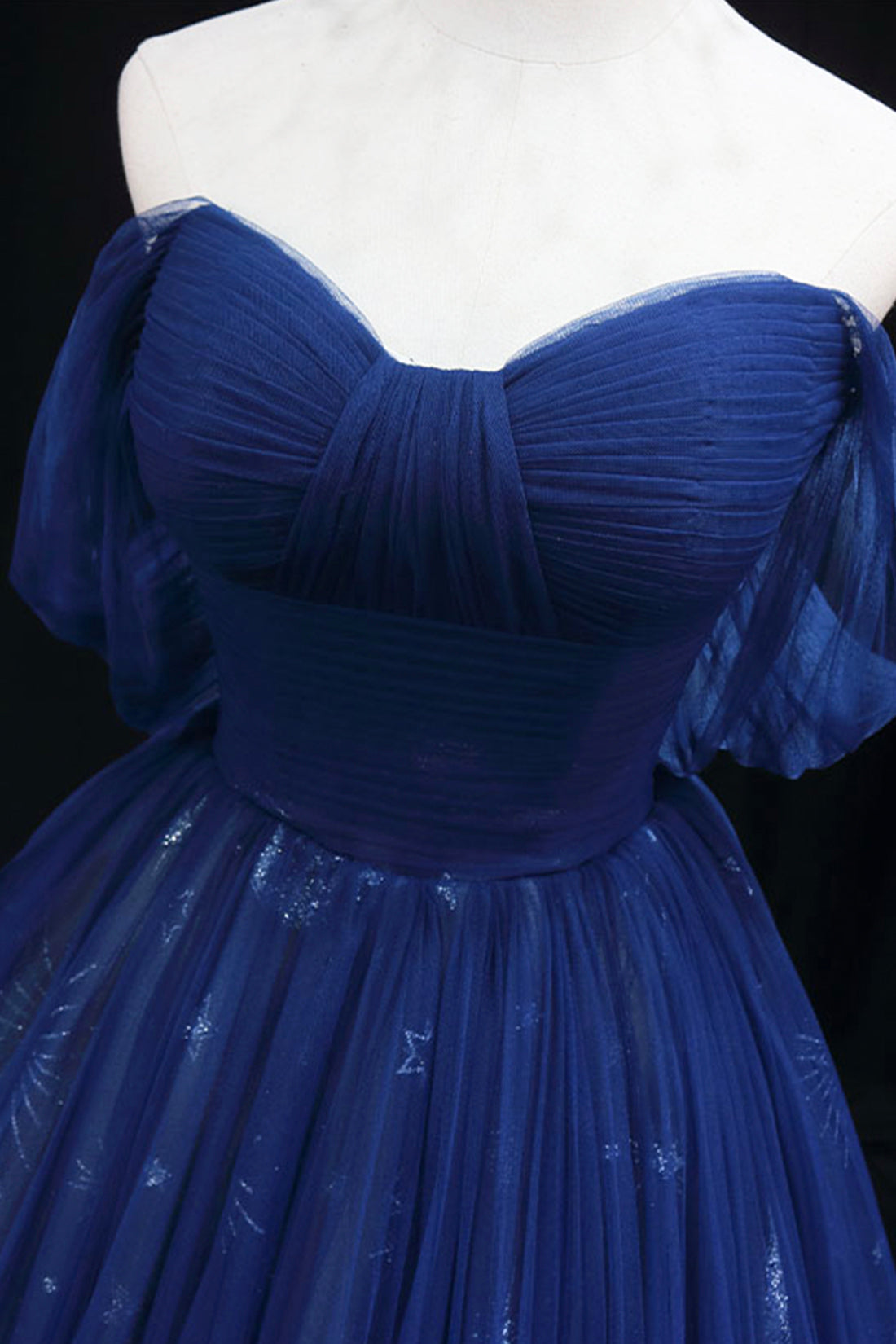 Beautiful Navy Blue Tulle Long Prom Dress, Off the Shoulder A-Line Backless Formal Dress