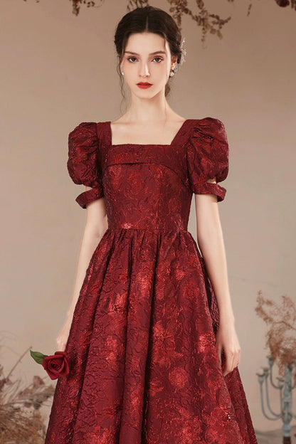 Burgundy Short Sleeve Tea Length Prom Dress, Lovely A-Line Evening Party Dress