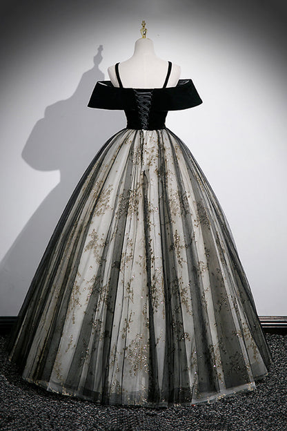 Black Velvet and Sequins Long Prom Dress, Black Off the Shoulder A-Line Evening Dress