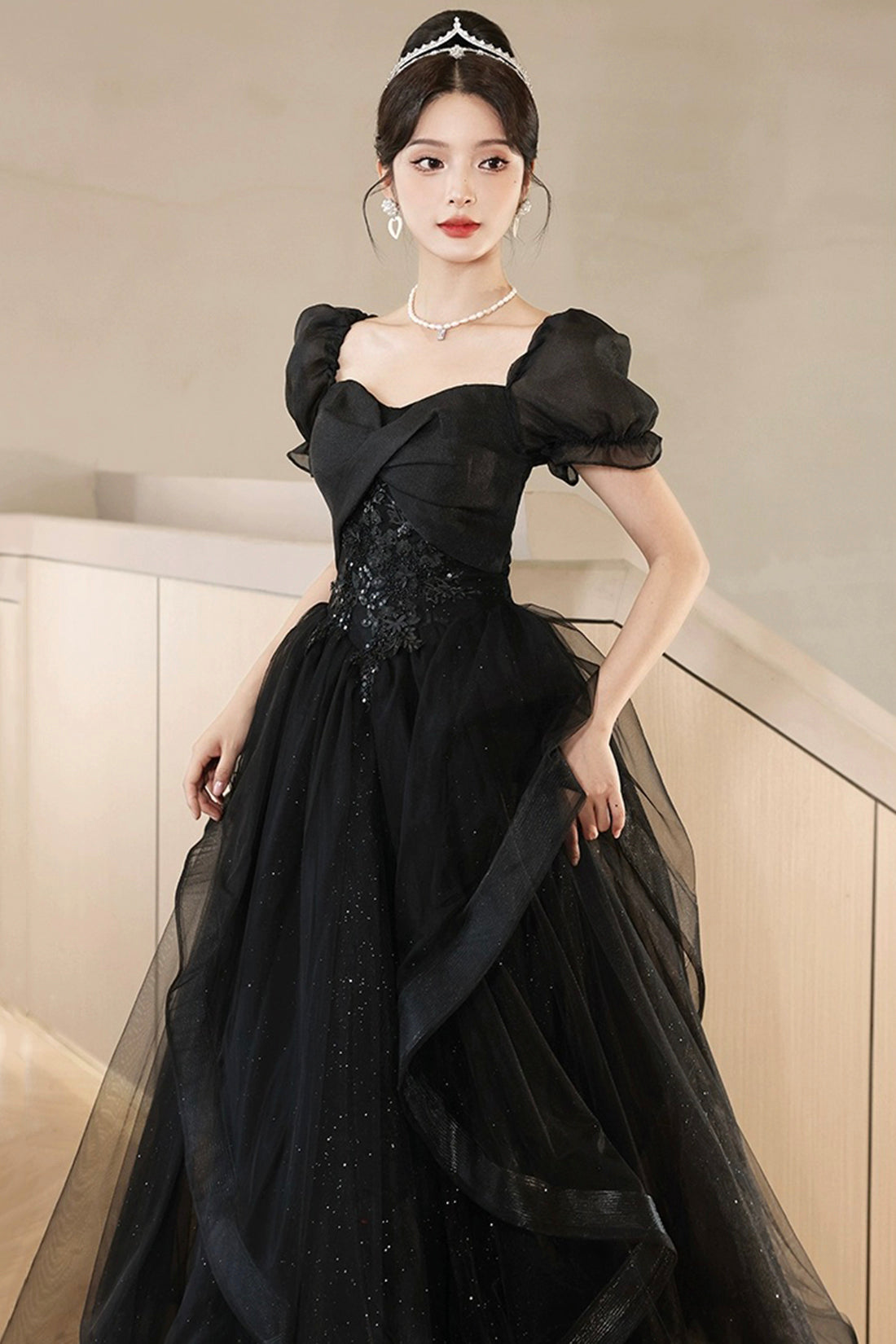 Black Tulle Lace Short Sleeve Floor Length Prom Dress, Black A-Line Evening Party Dress