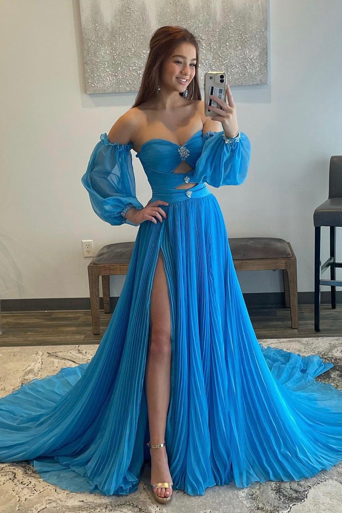 Blue Chiffon A-Line Off the Shoulder Formal Dress, Blue Puffy Sleeve Evening Dress with Split