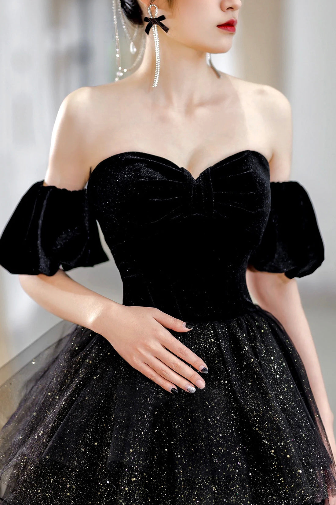 Black Velvet and Tulle Long Formal Dress, Black A-Line Sweetheart Neck Evening Party Dress