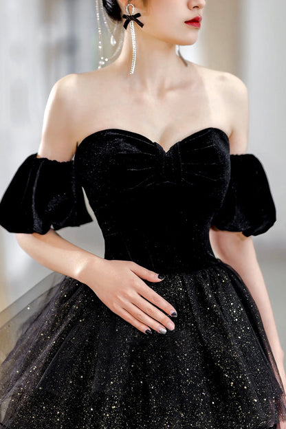 Black Velvet and Tulle Long Formal Dress, Black A-Line Sweetheart Neck Evening Party Dress