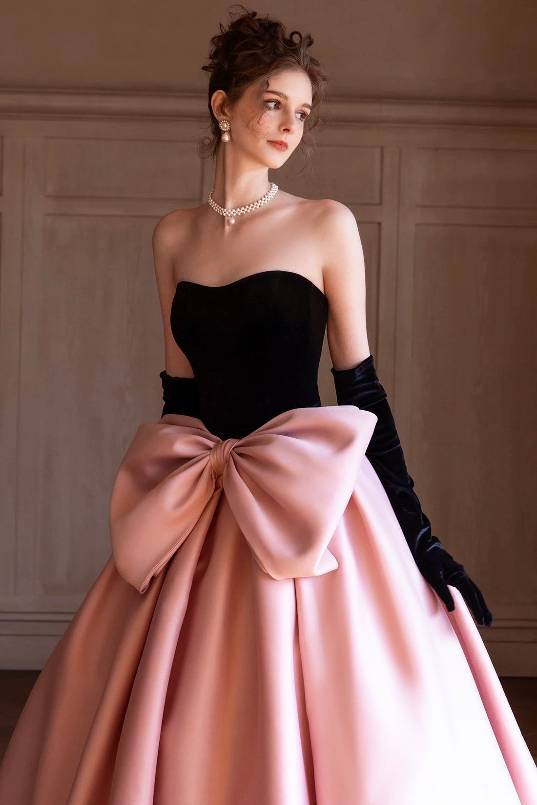 Black Velvet and Satin Long Formal Dress, Beautiful Strapless Evening Party Dress with Bow