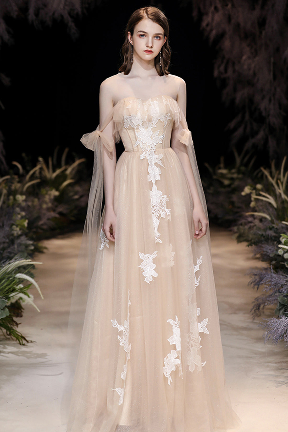 Champagne Tulle Lace Long Prom Dress, Cute A-Line Evening Dress