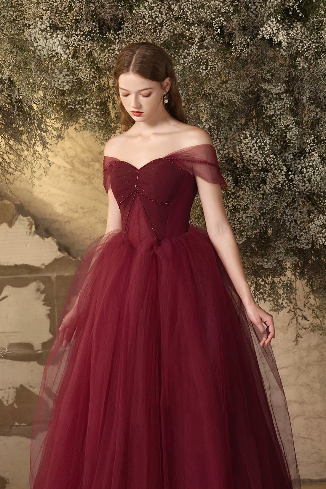 Burgundy Tulle Floor Length Prom Dress, Beautiful Off the Shoulder Evening Party Dress