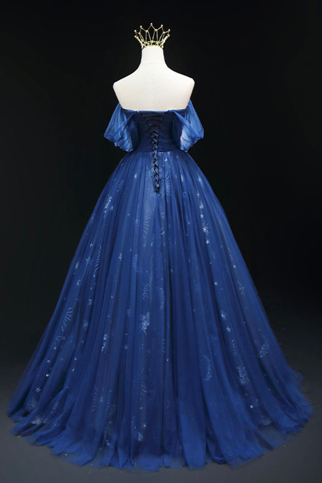 Beautiful Navy Blue Tulle Long Prom Dress, Off the Shoulder A-Line Backless Formal Dress