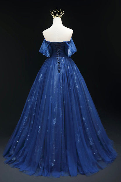 Beautiful Navy Blue Tulle Long Prom Dress, Off the Shoulder A-Line Backless Formal Dress