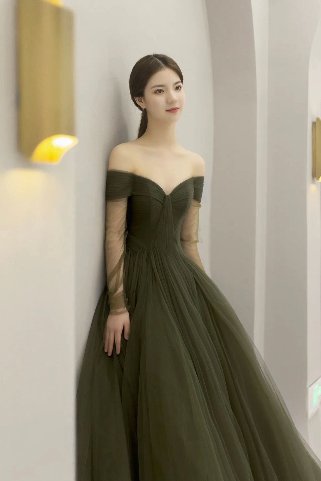 Green Tulle Floor Length Prom Dress, A-Line Long Sleeve Evening Party Dress