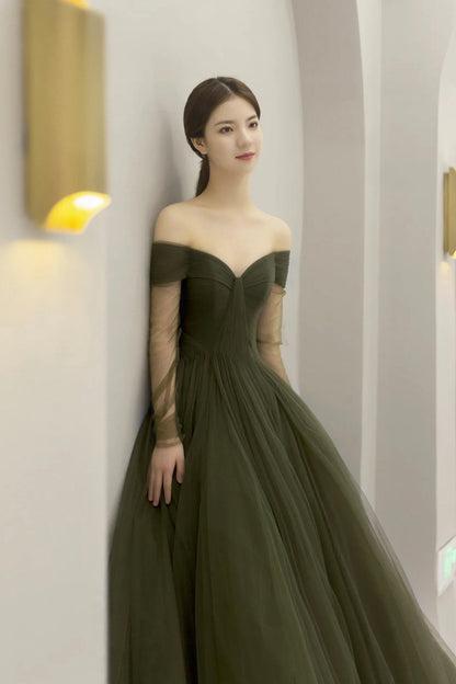 Green Tulle Floor Length Prom Dress, A-Line Long Sleeve Evening Party Dress