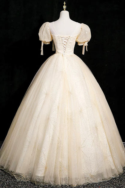 Champagne Tulle Short Sleeve Floor Length Prom Dress, Beautiful A-Line Evening Party Dress