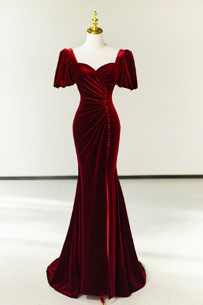 Burgundy Pleated Velvet Long Prom Dress with Slit, Mermaid Backless Evening Party Dress