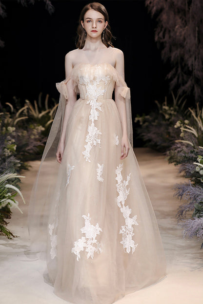 Champagne Tulle Lace Long Prom Dress, Cute A-Line Evening Dress