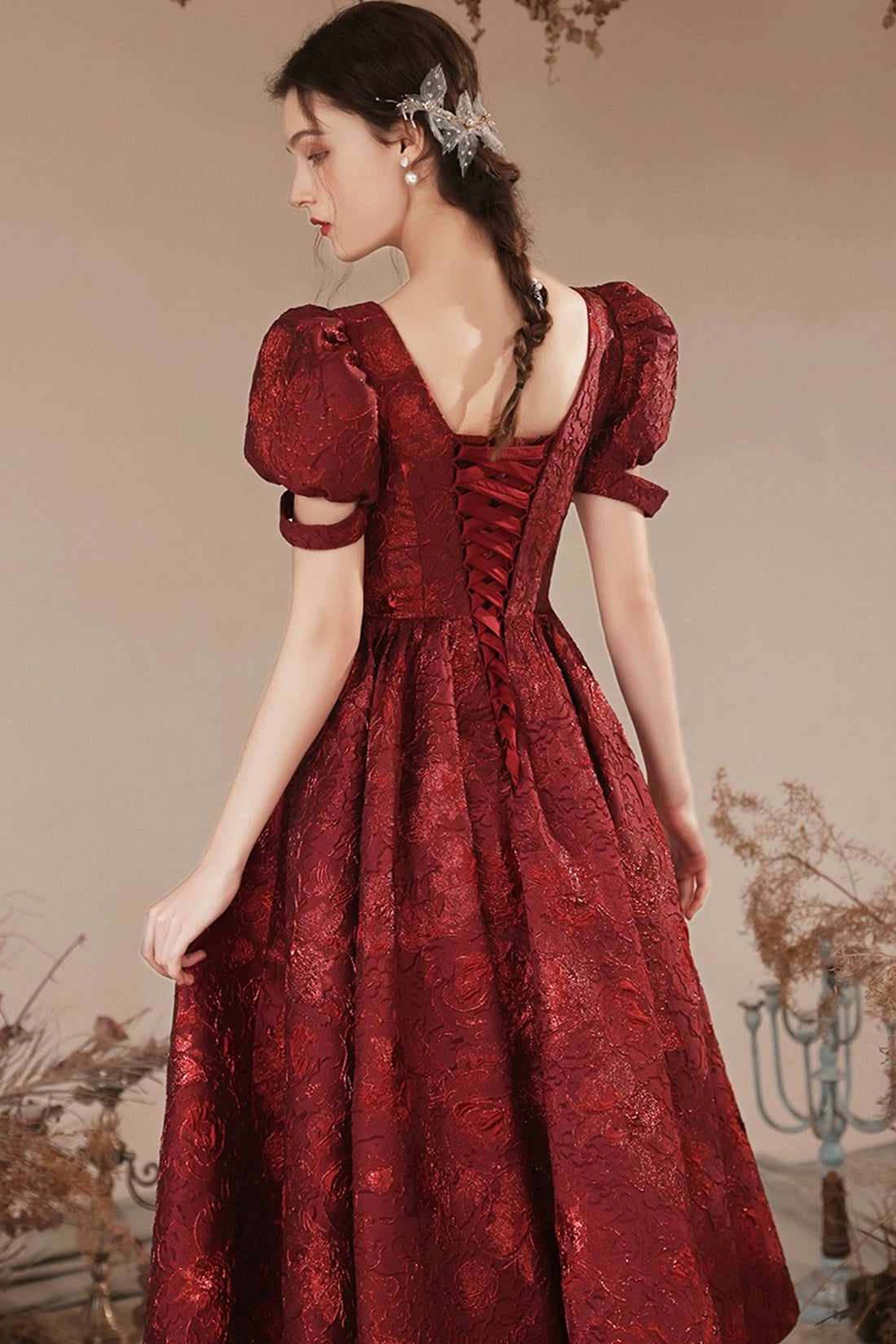 Burgundy Short Sleeve Tea Length Prom Dress, Lovely A-Line Evening Party Dress