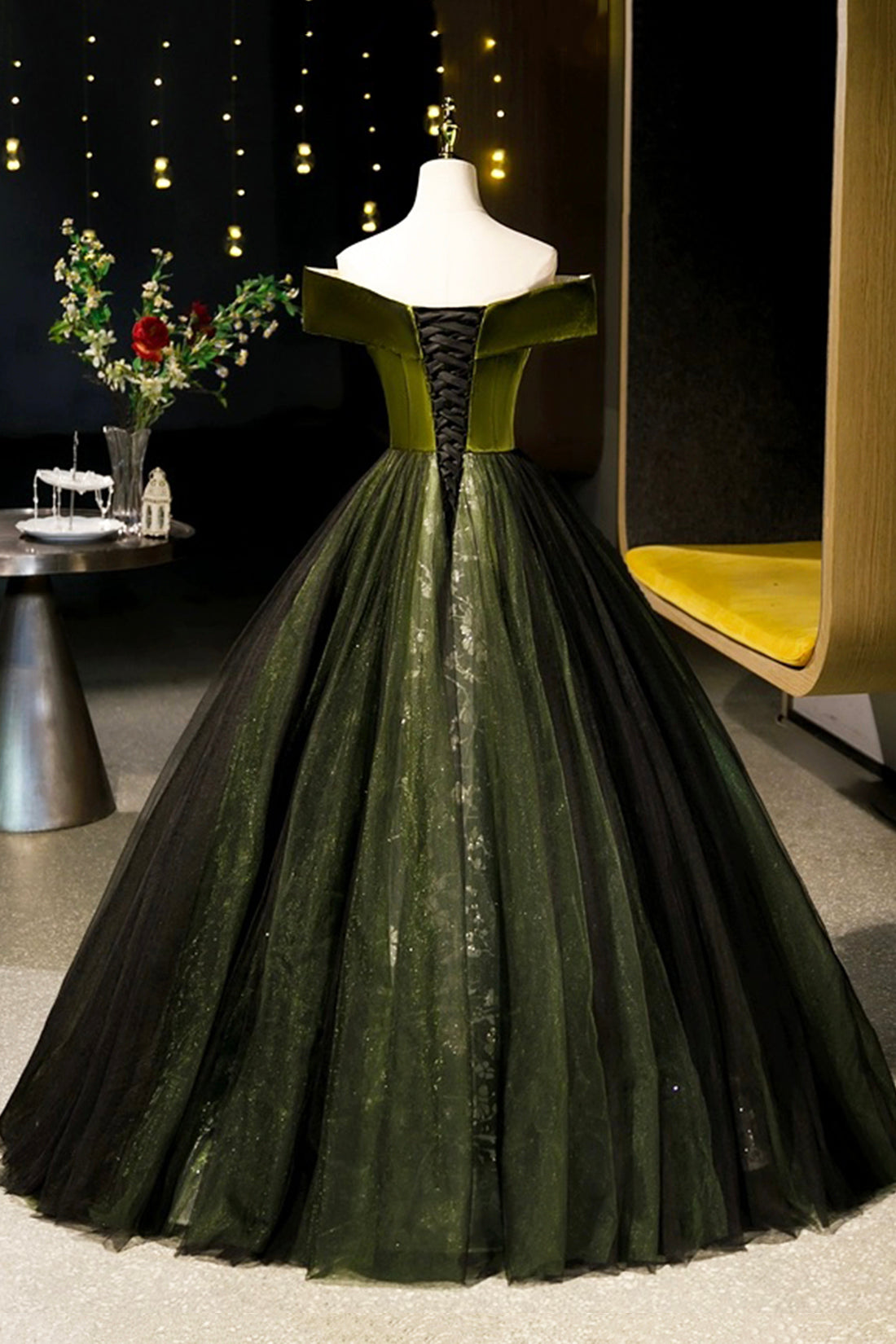 Green Velvet and Tulle Floor Length Prom Dress, Off the Shoulder Evening Party Dress