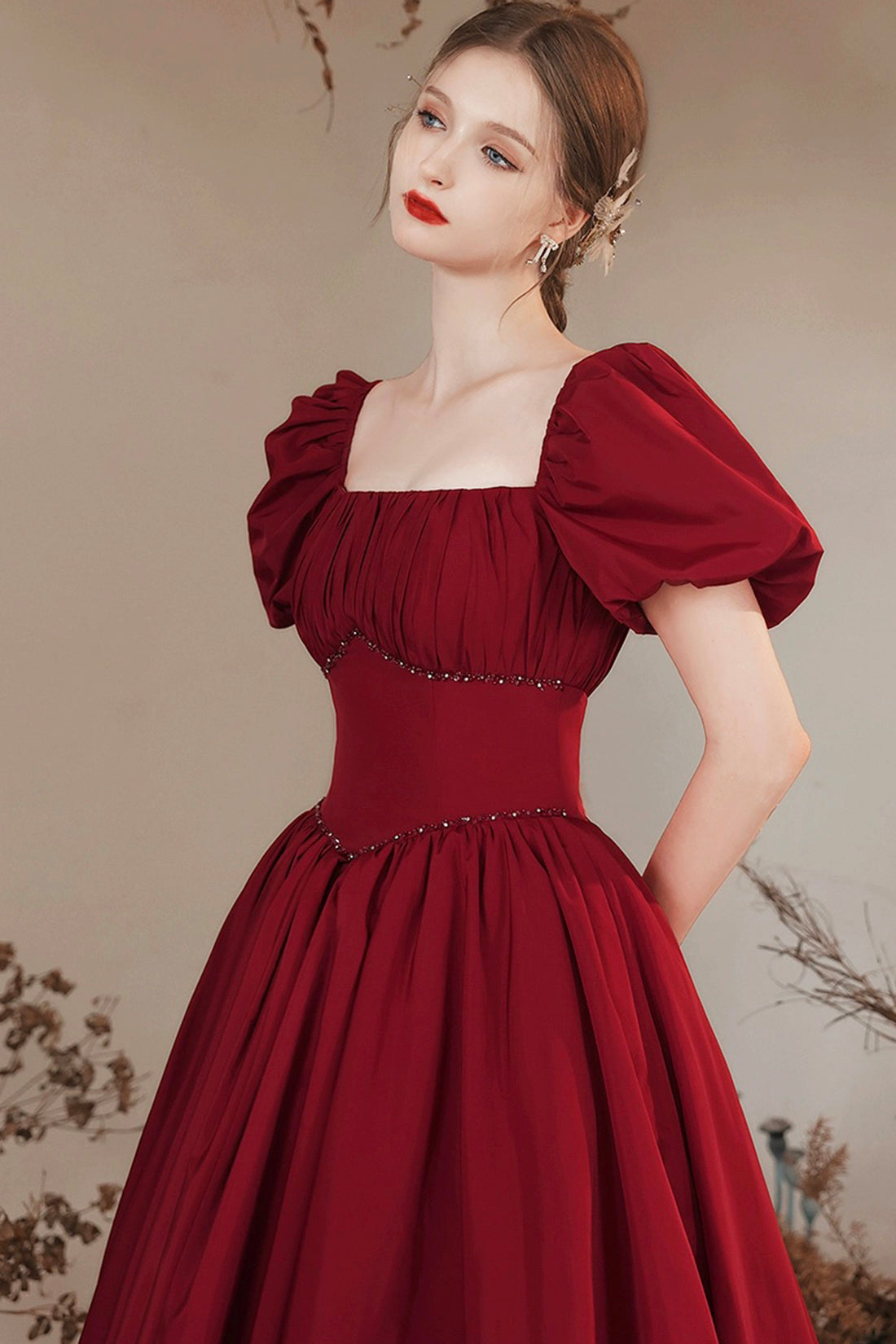 Burgundy Satin Long Prom Dress, Beautiful A-Line Short Sleeve Evening Dress