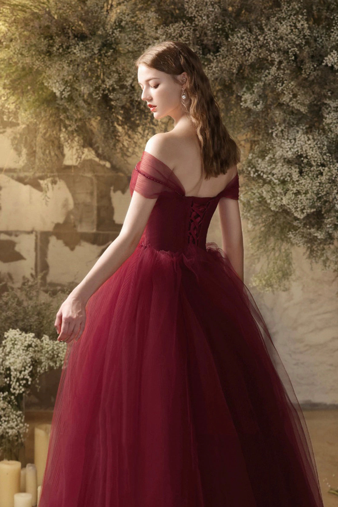 Burgundy Tulle Floor Length Prom Dress, Beautiful Off the Shoulder Evening Party Dress