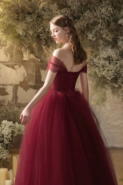 Burgundy Tulle Floor Length Prom Dress, Beautiful Off the Shoulder Evening Party Dress