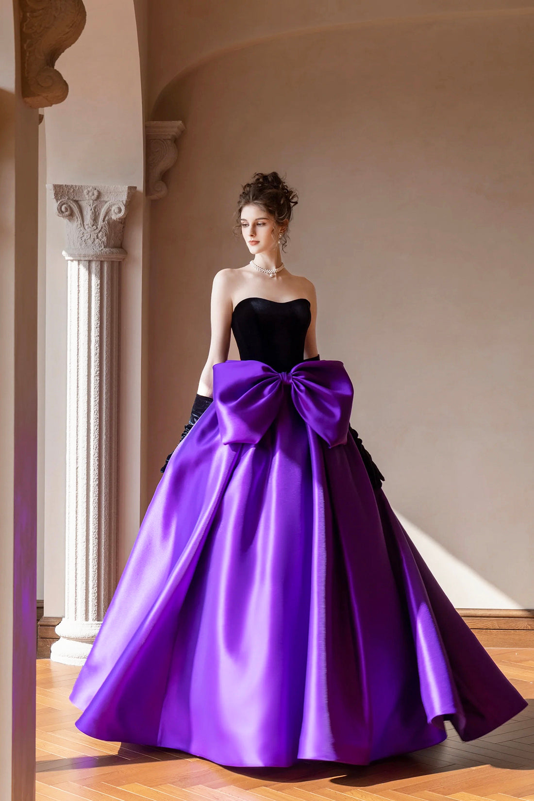 Black Velvet and Satin Long Formal Dress, Beautiful Strapless Evening Party Dress with Bow