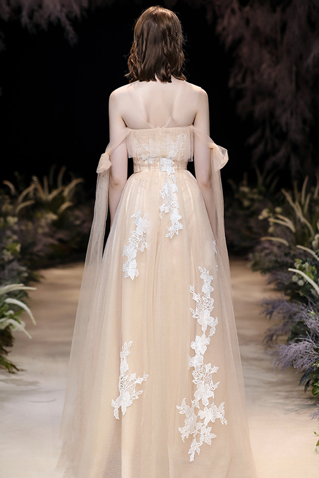 Champagne Tulle Lace Long Prom Dress, Cute A-Line Evening Dress