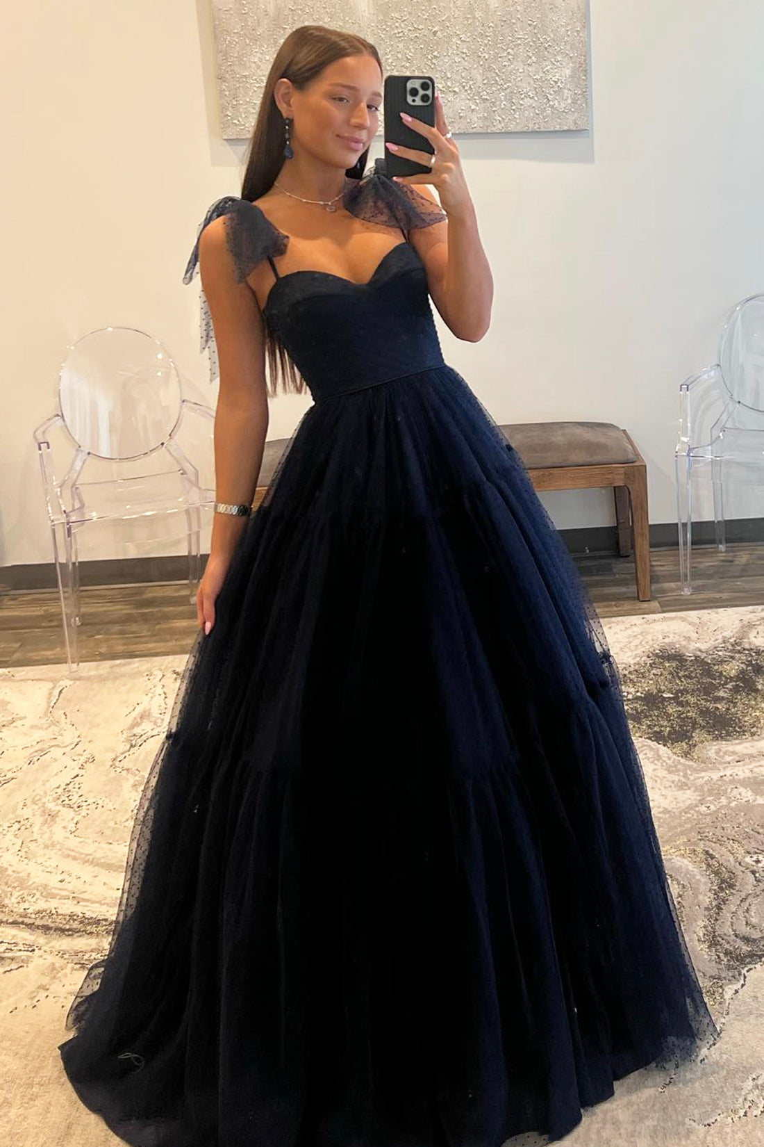 Navy Blue Tulle Long Prom Dress, A-Line Sweetheart Neck Evening Party Dress