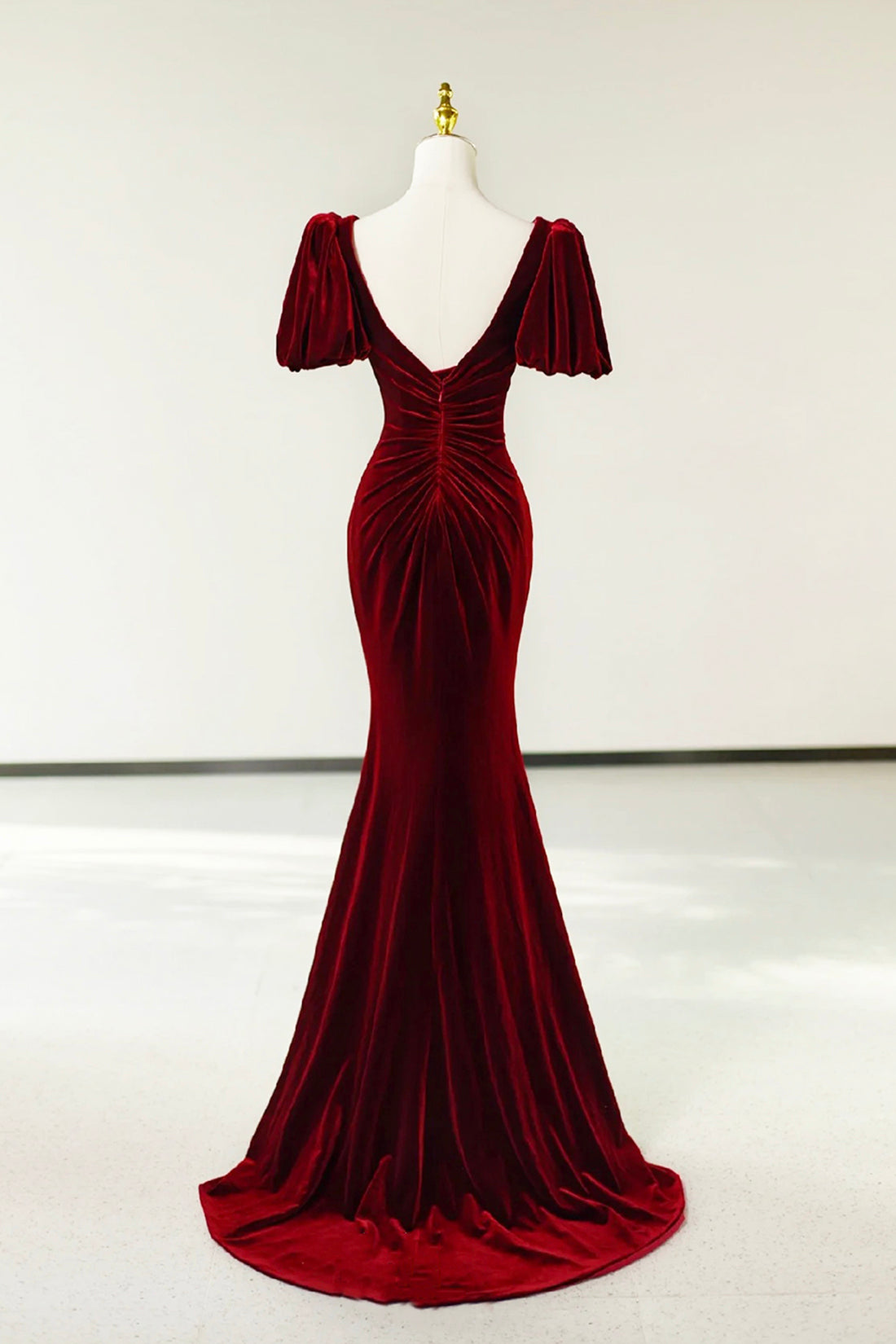 Burgundy Pleated Velvet Long Prom Dress with Slit, Mermaid Backless Evening Party Dress