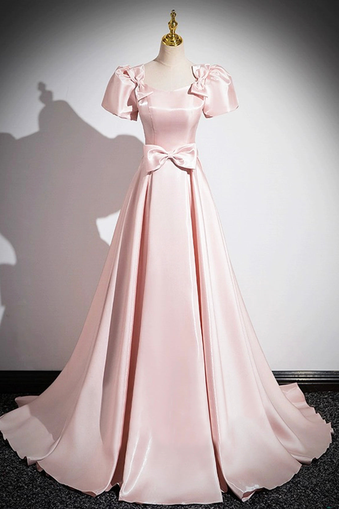 Pink Scoop Neckline Satin Floor Length Prom Dress, Pink Short Sleeve A-Line Party Dress