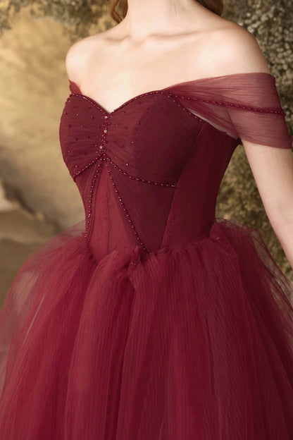 Burgundy Tulle Floor Length Prom Dress, Beautiful Off the Shoulder Evening Party Dress