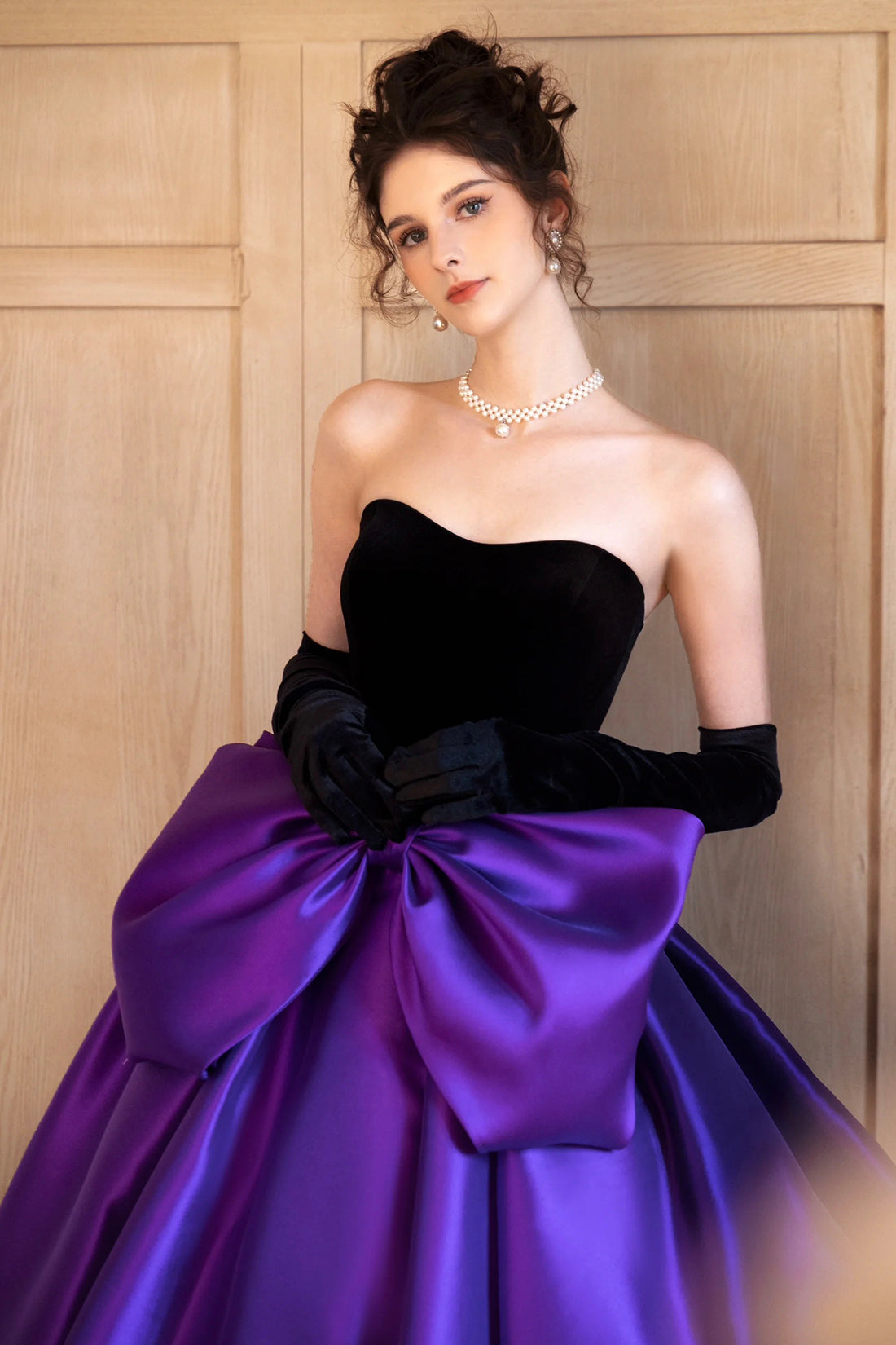 Black Velvet and Satin Long Formal Dress, Beautiful Strapless Evening Party Dress with Bow