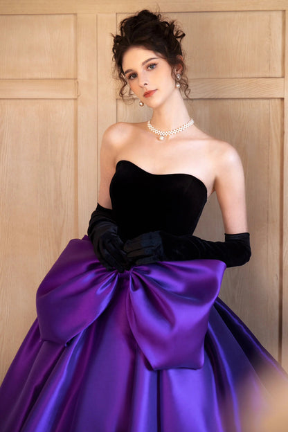 Black Velvet and Satin Long Formal Dress, Beautiful Strapless Evening Party Dress with Bow