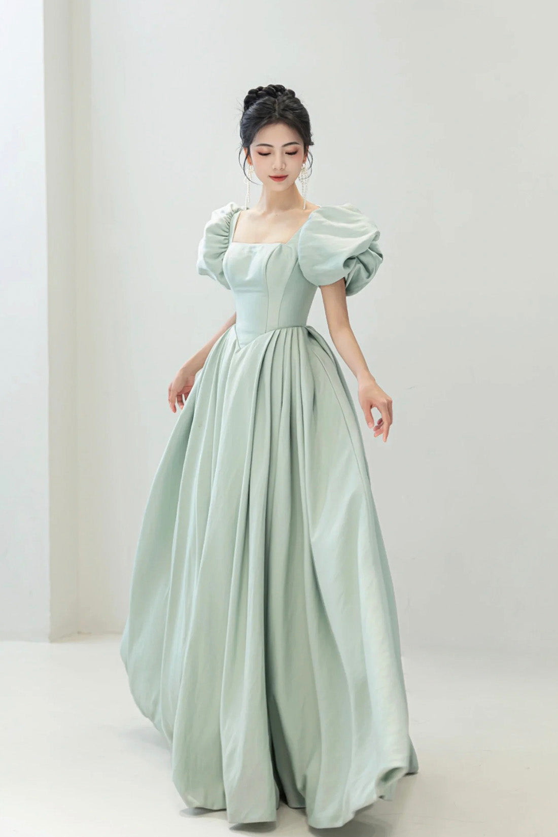 Light Green Satin Long A-Line Prom Dress, Cute Short Sleeve Evening Dress