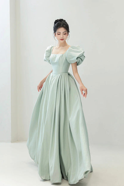 Light Green Satin Long A-Line Prom Dress, Cute Short Sleeve Evening Dress