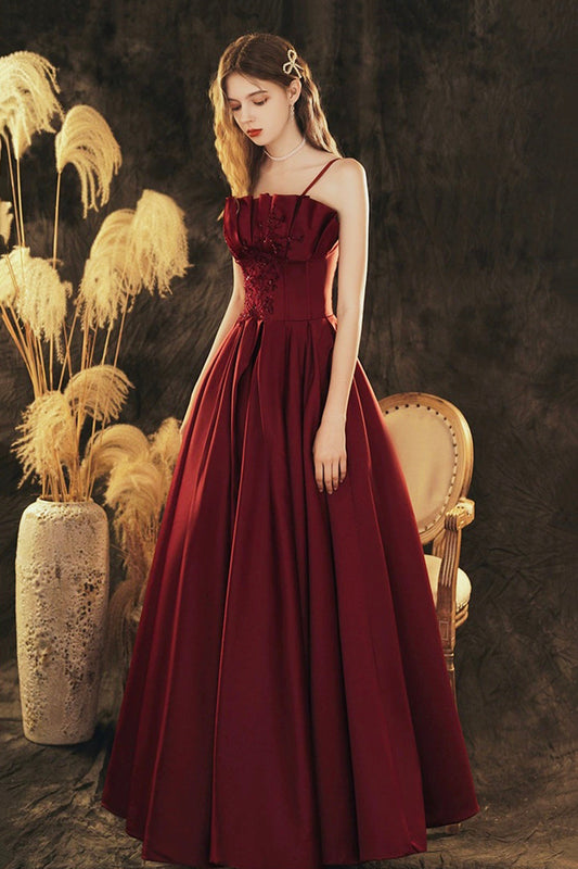 Burgundy Spaghetti Strap Satin Long Prom Dress, Beautiful A-Line Evening Party Dress